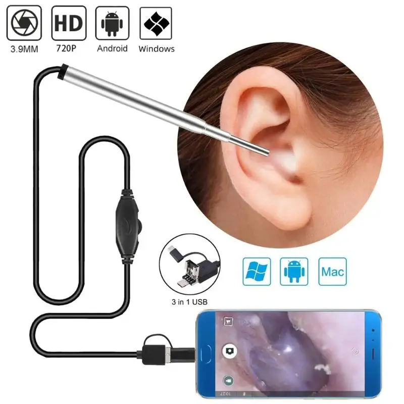 3.9MM USB Otoscope Visual Ear Endoscope Camera Ear Canal Inspection Ear Wax Cleaning Tools for Android Mobile Phone PC