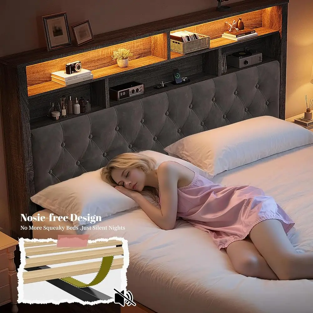 إطار سرير كينج رمادي مع لوح رأسي منجد، 4 أدراج، محطة شحن، أضواء LED، لا حاجة إلى صندوق زنبركي