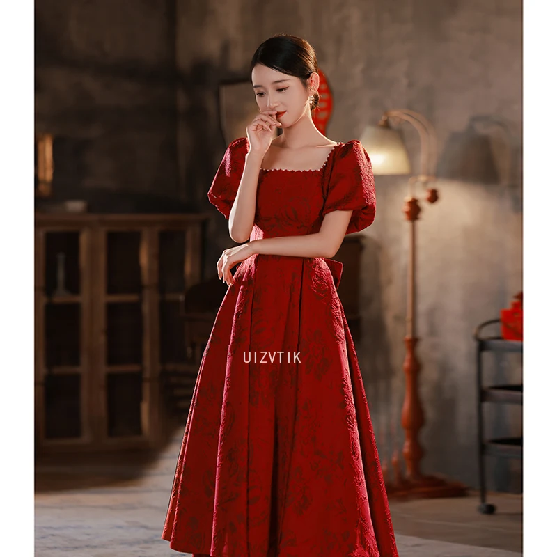 

Burgundy French Style Princess Bridal Wedding Dress Women Jacquard Qipao 2025 legant Bow Banquet Gown Robe De Soiree Vestidos
