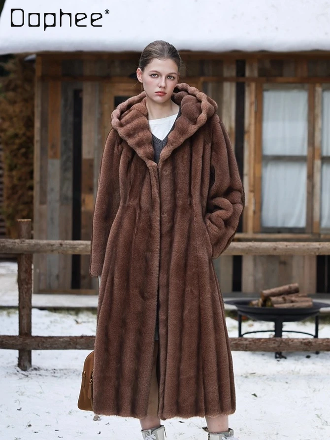 

High End Fashion Long Hooded Mink Fur Slimming Coat Thick Elegant Eco-Friendly Fur Jacket Women Retro Fur Integrated Winter New