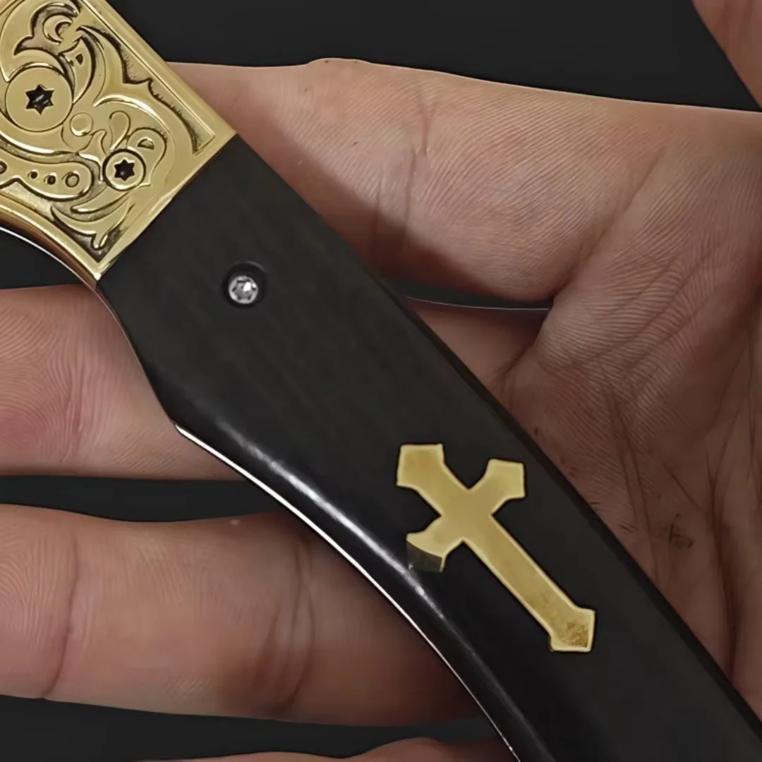 Cross Pattern Folding Pocket Knife High Quality Forging Steel Blade, Ebony Handle, Outdoor EDC Camping Knife Hiking Knife