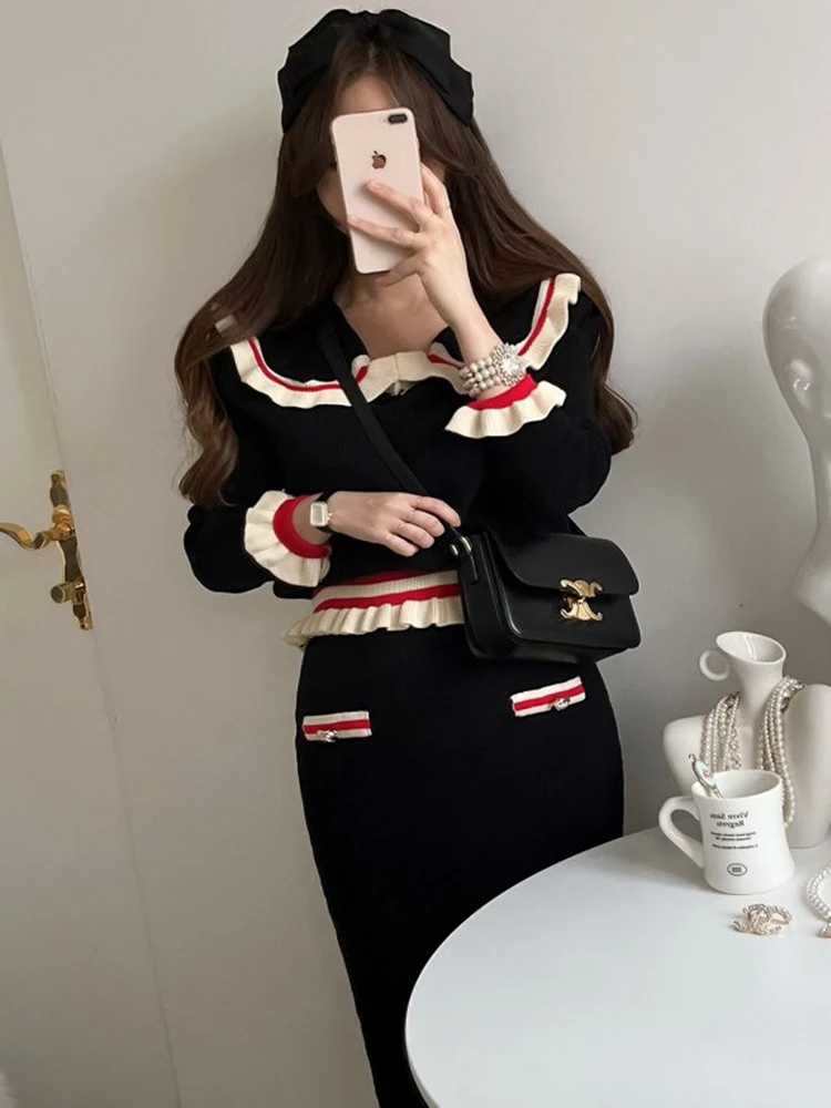 

Autumn And Winter Women Ruffles Knitted Peter Pan Collar Short Coats + High Waist Bodycon Skirts Sets Two Pieces Suits Outfits