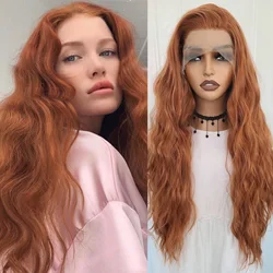 13X4 Ginger Orange Long Curly Synthetic Lace Front Wig Natural Wavy Auburn Brown Colored Hair Lace Frontal Wig for Women Party