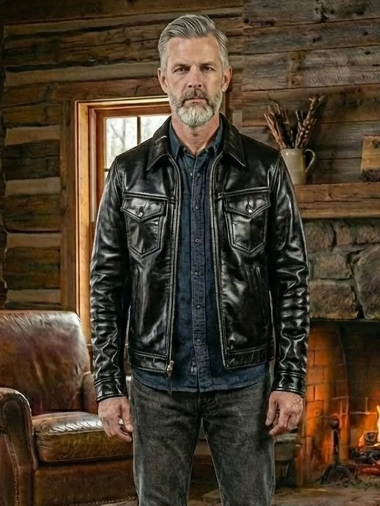 Mens Autumn Winter Work 100% Cowhide Genuine Leather Jacket Slim Fit Short Style Multi Pockets Moto Biker Coat Windproof Jackets