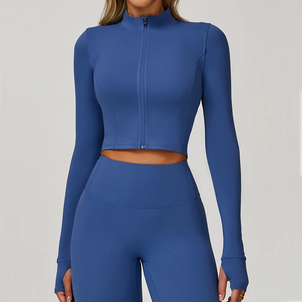 Women Outdoor Sports Long Sleeved Slim Yoga Clothes Quick Dry Zipper Cardigan Stand Up Collar Jacket Running Fitness Jacket Top