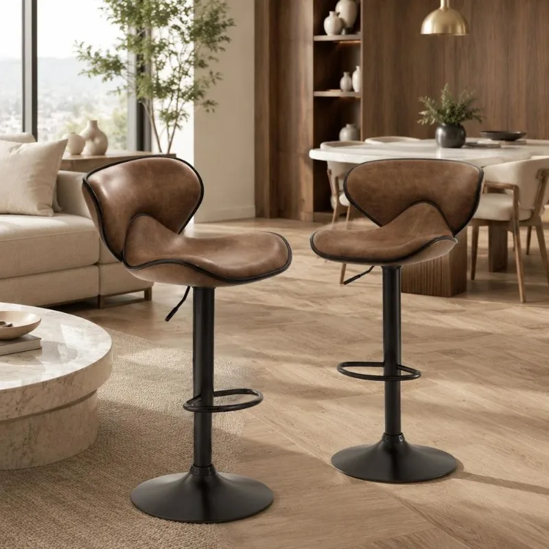 Tabouret de bar réglable en hauteur, pivotant à 360 degrés, avec dossier ergonomique et coussin en tissu, structure métallique robuste avec repose-pieds, assemblage simple pour salle à manger, cuisine, chaise de camping