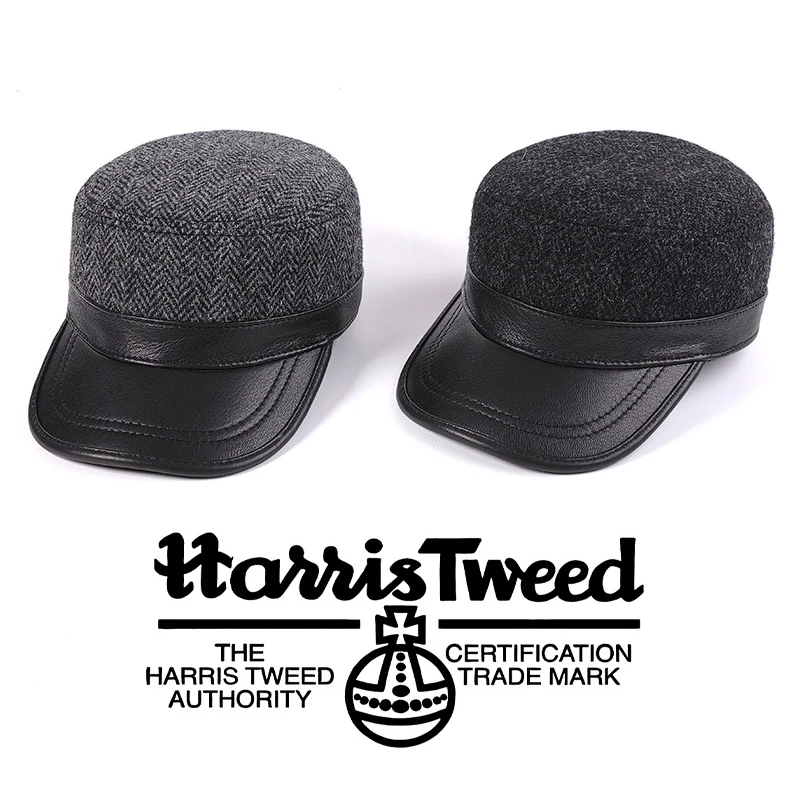 Harris Tweed Men Flat Top Duckbill Cap New Arrival Wool & Sheepskin High Grade Autumn Winter Warm Retro Casual Hat