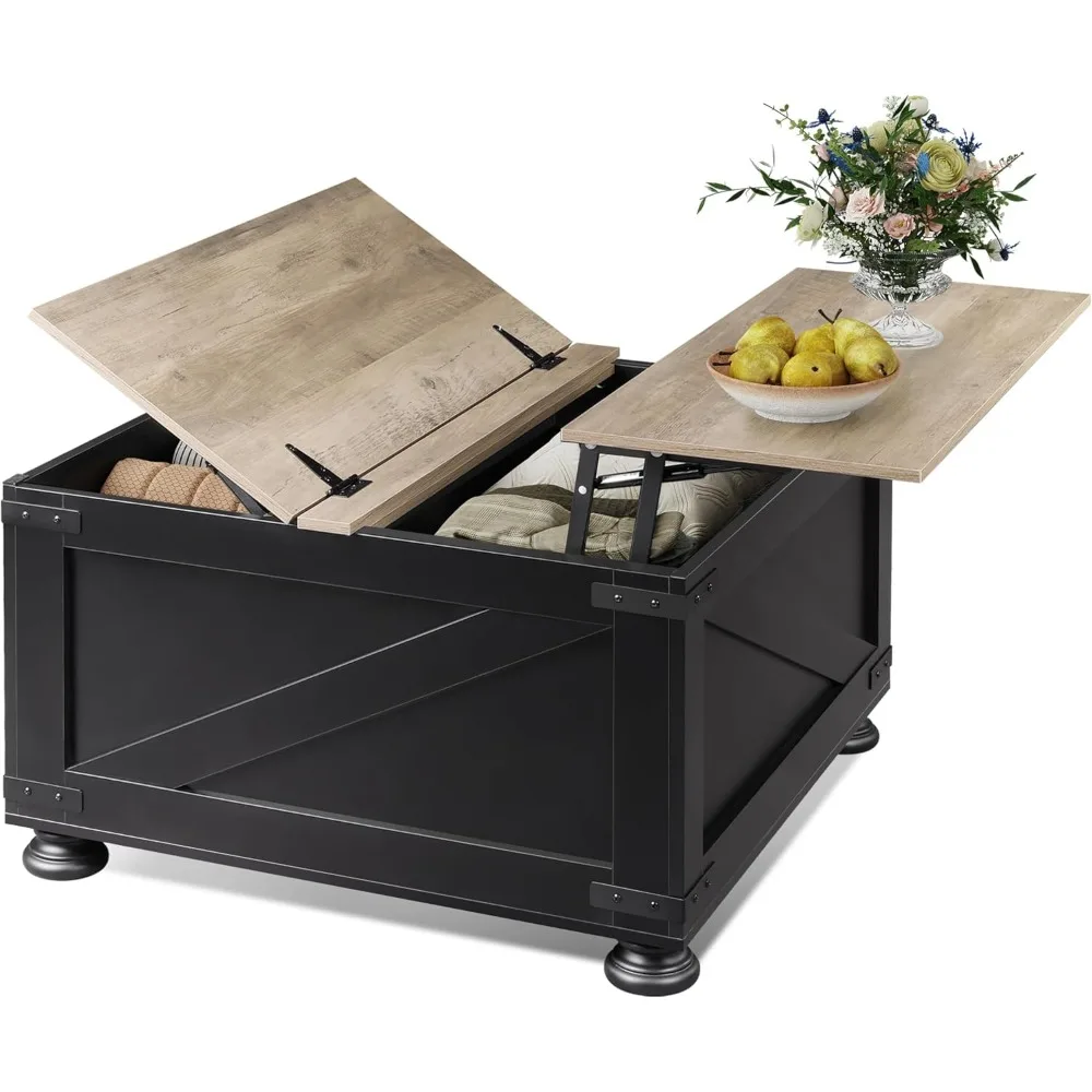 

Farmhouse Lift Top Coffee Table with Storage, 31.5 Square Center Table, Flip-Top Hidden Compartment, Wood-Grain Coffee Tab
