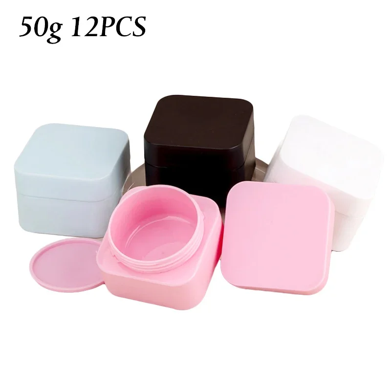 

12Pcs 50g Square Plastic Empty Makeup Jar With Lid Lip Balm Container Lotion Eye Cream Jar Sample Pot Travel Refillable Bottles