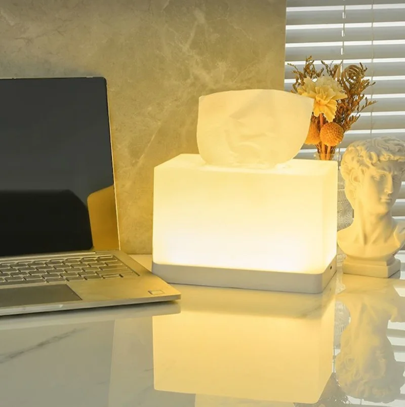 LED Night Light Tissue Box 2-in-1 Multifunctional Desktop Ambient Light Nighttime Nursing Light Tissue Dispenser with Rechargeab