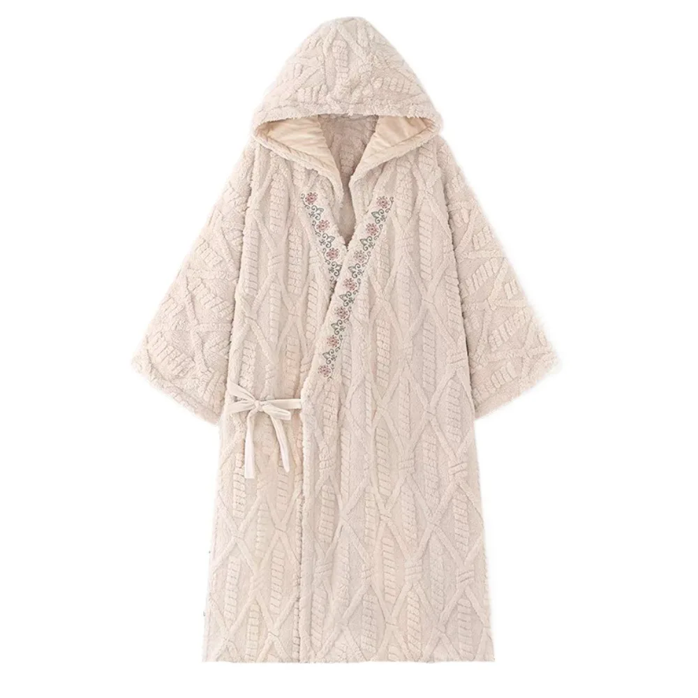

Loose Flower Coral Fleece Sleepwear Winter Pajamas Robe Women Thick Warm Home Wear Flannel Long Sleeves Night-robe Nightwear