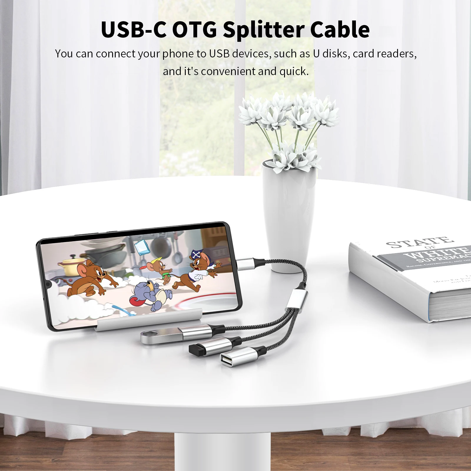 Type C to Dual USB OTG Adapter USB 2.0 Type-C Expansion HUB Data Charging Braid Cabo for Samsung Galaxy S22 MacBook Pro Air iPad