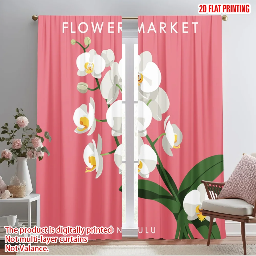 

2pcs 2D flat printing Curtain Honolulu Flower Market White Orchid Polyester Without Electricity Birthday Party for Room bedroom
