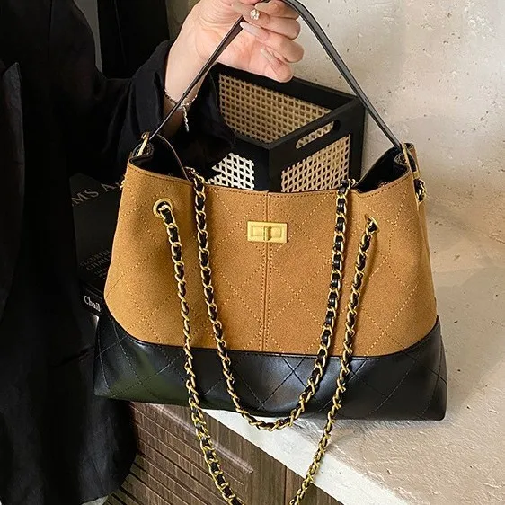 

Vintage Chain Shoulder Bag, Color Block Bucket Underarm Purse, Women's Chic Day to Night Crossbody, Casual Sling Bag Leather Bag
