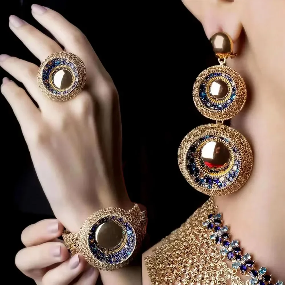 

Kellybola High Quality Gorgeous Luxury Layers Big Necklace Earrings Bangle Ring Jewelry Set For Bridal Wedding Accessories Gift