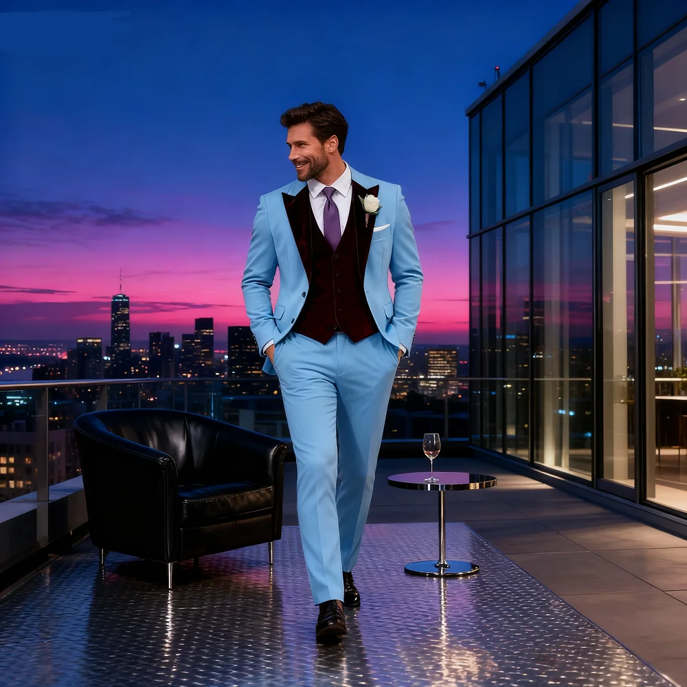 

Men's Formal Purple Velvet Tuxedo 3-Piece Suit Black Wedding Groomsmen Best Man Ceremony Party Ball Smocking for Business