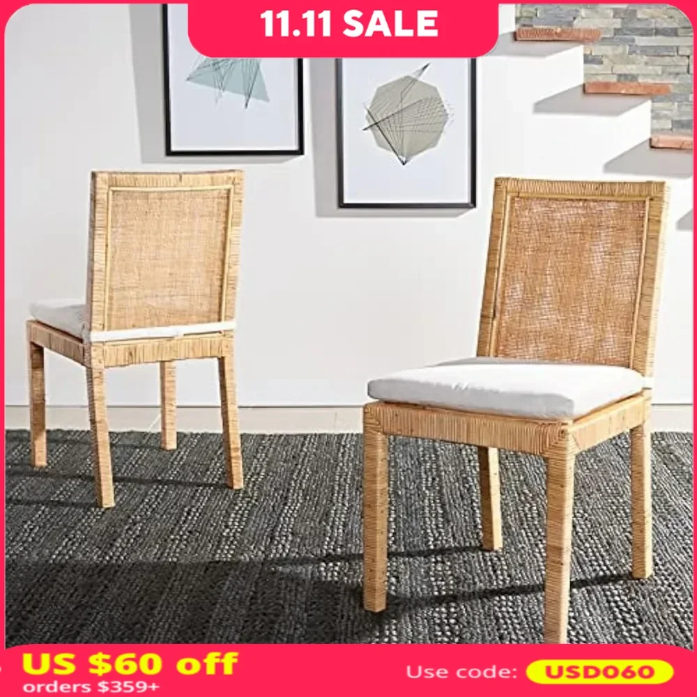 Dining Chair Set of 2 with Natural Cane Frame, Soft White Cushion, Living Room Accent Chairs, Coastal Cane Cushion Dining Chair