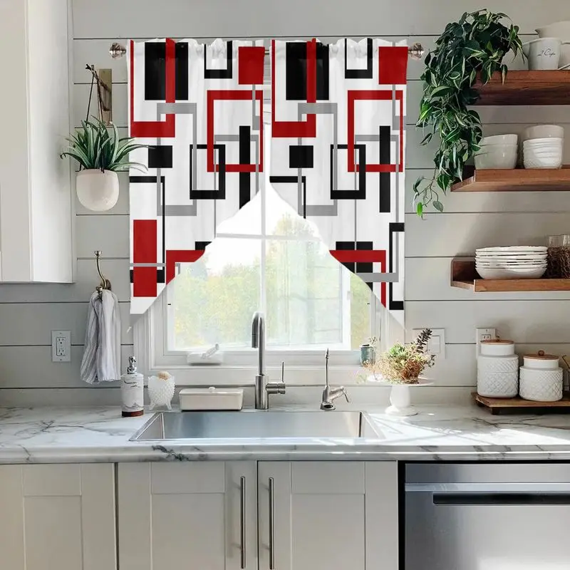 VIKAMA Geometric Swag Valance Red Black Grey White Square Pattern Print Triangle Window Curtain For Kitchen Living Room Bedroom