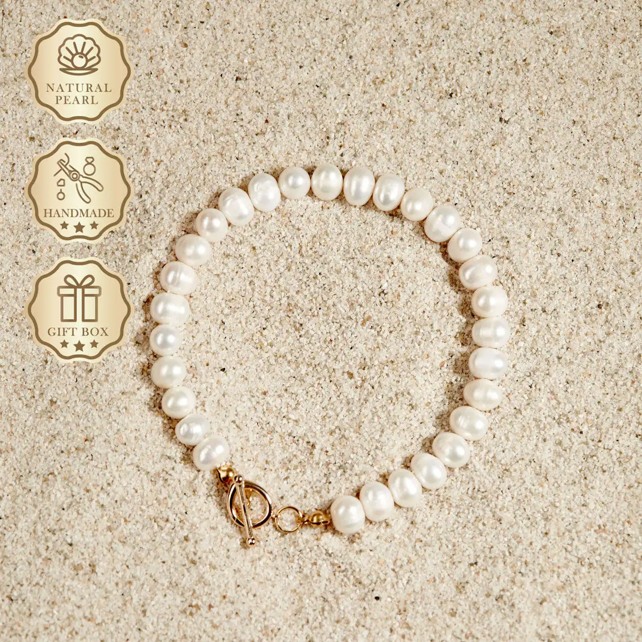 

MYSOYA White Freshwater Pearl Bracelet 7–8mm with Gold OT Clasp, Gift Box, Birthday & Anniversary Gift