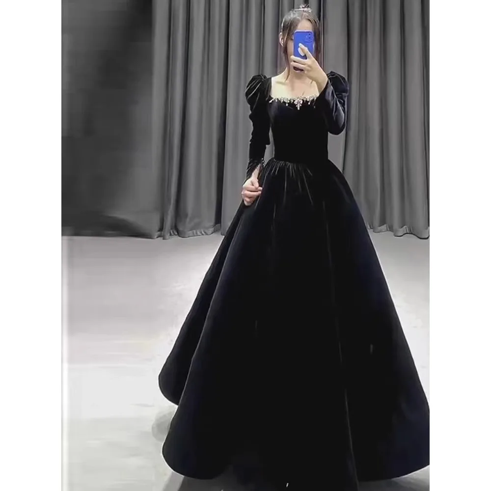 

Ele Bla Velvet Long Sve Evening Gown Women's High-End Sensation Wine Ceremony Host Year End Hepburn Sle Dr