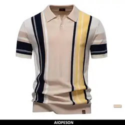 AIOPSON 2025 Men's Breathable Striped Contrast Panel Polo Shirt - Lightweight Summer Casual Knit Top with Mesh Inserts