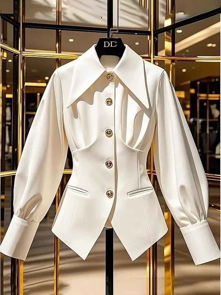 

France Design Long Pointed Collar Puff Sleeve Shirts Jacket Slim Waist-cinching Blouse Button Up White Shirt Formal Office Lady