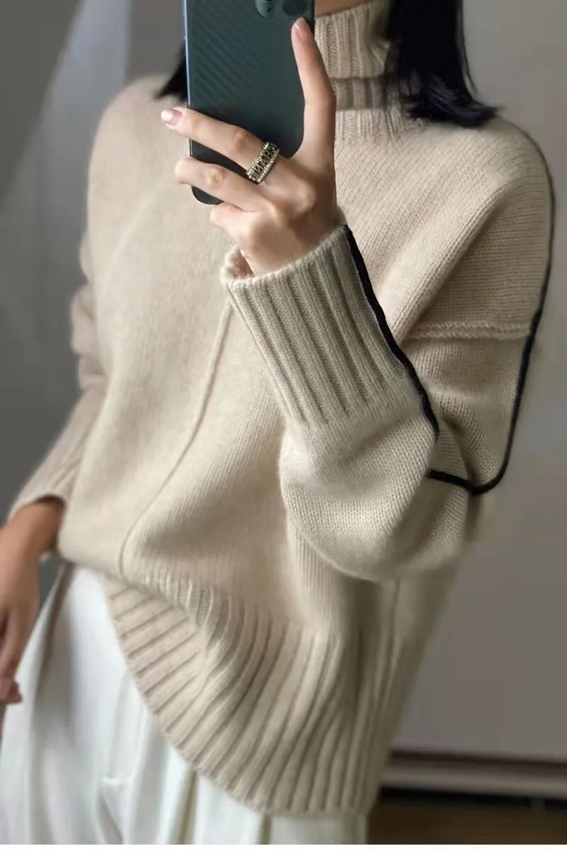 Women\'s Pure Cashmere Turtleneck Sweater, Loose Pullover, Thick Bottoming, Color Matching, European Goods, 100%, Autumn and Wint