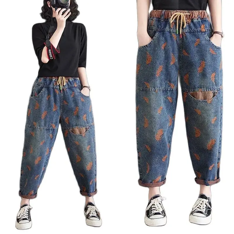 Retro Feather Embroidery Harem Pants Jeans Female Fashion Leisure Loose Tie Bring Summer Nine Points Leisure Wild Women's Jeans