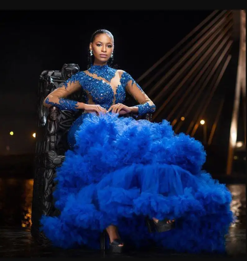 فستان أنيق للحفلات الراقصة مزين بالخرز وأكمام طويلة رداء de soirée أزرق رائع مكشكش منتفخ فساتين سهرة حورية البحر