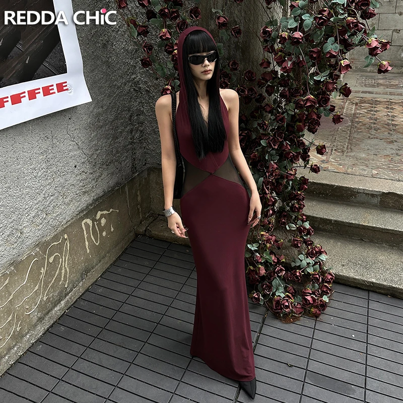 REDDACHiC Hooded Maxi Long Evening Dress Women Sheer Mesh Stitch Sleeveless Backless Slim Mermaid One-piece Sexy Prom Party Gown