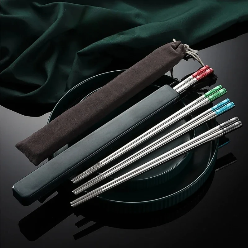 6color Stainless Steel Metal Chopsticks Household Lunch Tableware Travel High Temperature Sterilizable Non-slip with Storage Box