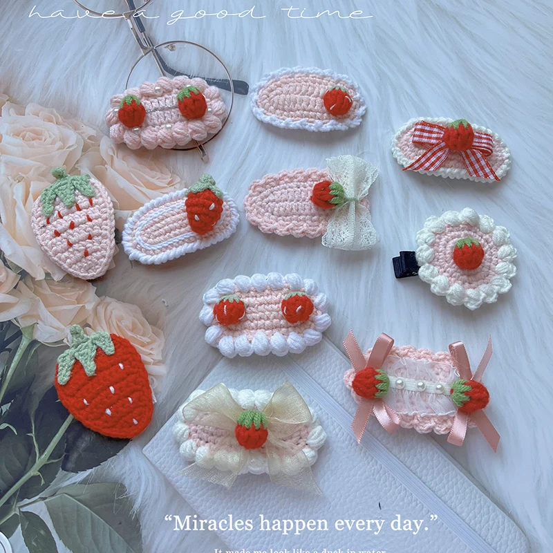 1 Pcs Handmade Wool Knitting Strawberry Vintage  Hairpin Children Crochet Hair Accessories Girl Trim Clip Sakura Pink