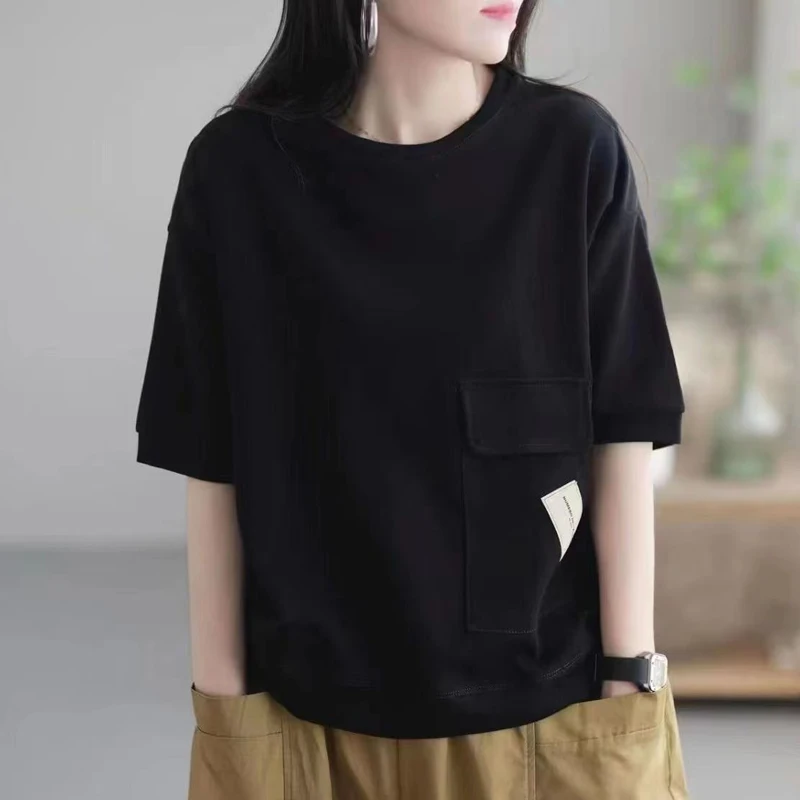 Women Trendy Simple Casual Streetwear Y2K Pocket Cotton T-shirt 2024 Summer Solid O Neck Short Sleeve Loose Tops Ropa De Mujer