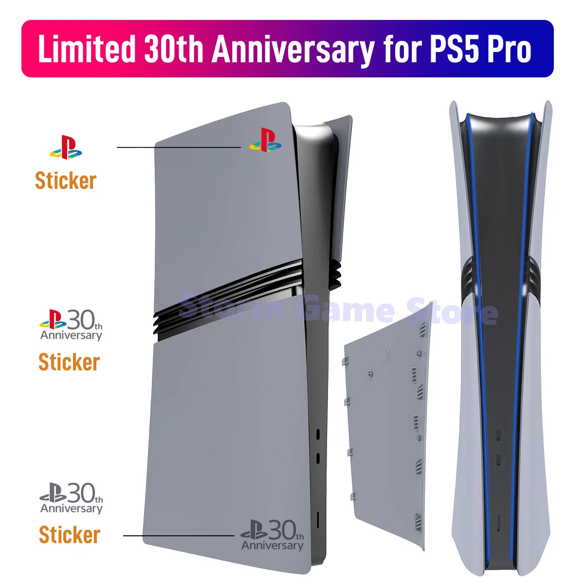 Grey Pro Disc Edition Cover Plates with Logo Skin and 30th Anniversary Sticker for New PS5 Pro Console Shell Panels Faceplate