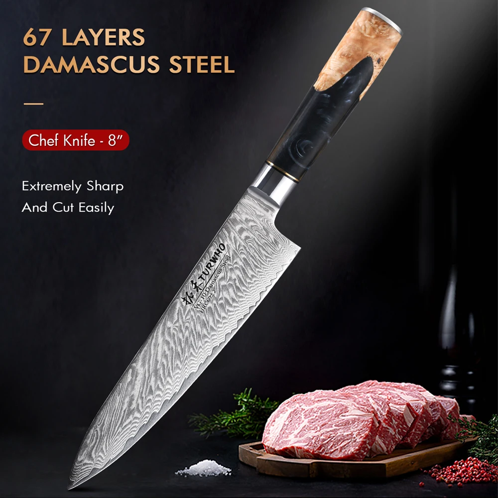 TURWHO 8 Inch Chef Knife Gyuto Knife Japanese Style VG10 Core Damascus Kitchen Knives Stainless Steel Butcher Knife Resin Handle