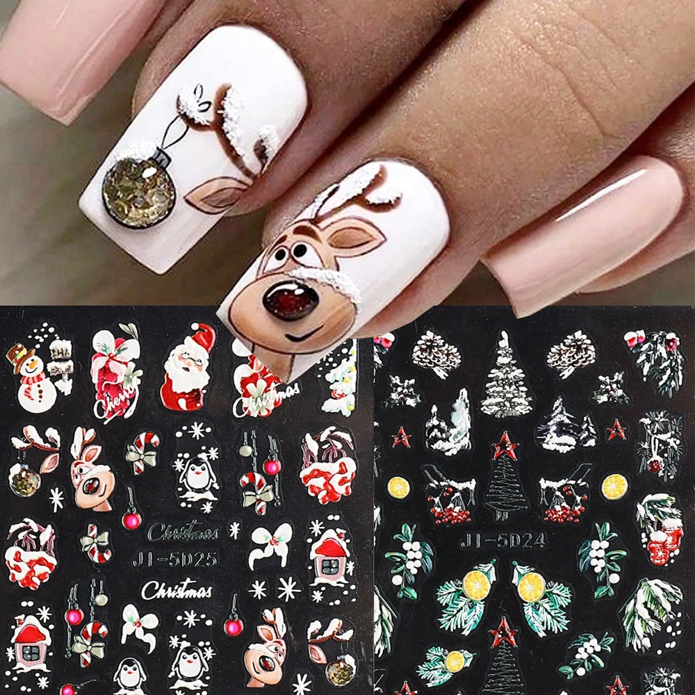 5d Embossed Christmas Nail Stickers Lasting Charming Nail Art Stickers Christmas Manicure Red Santa Nail Decal Embossed Design