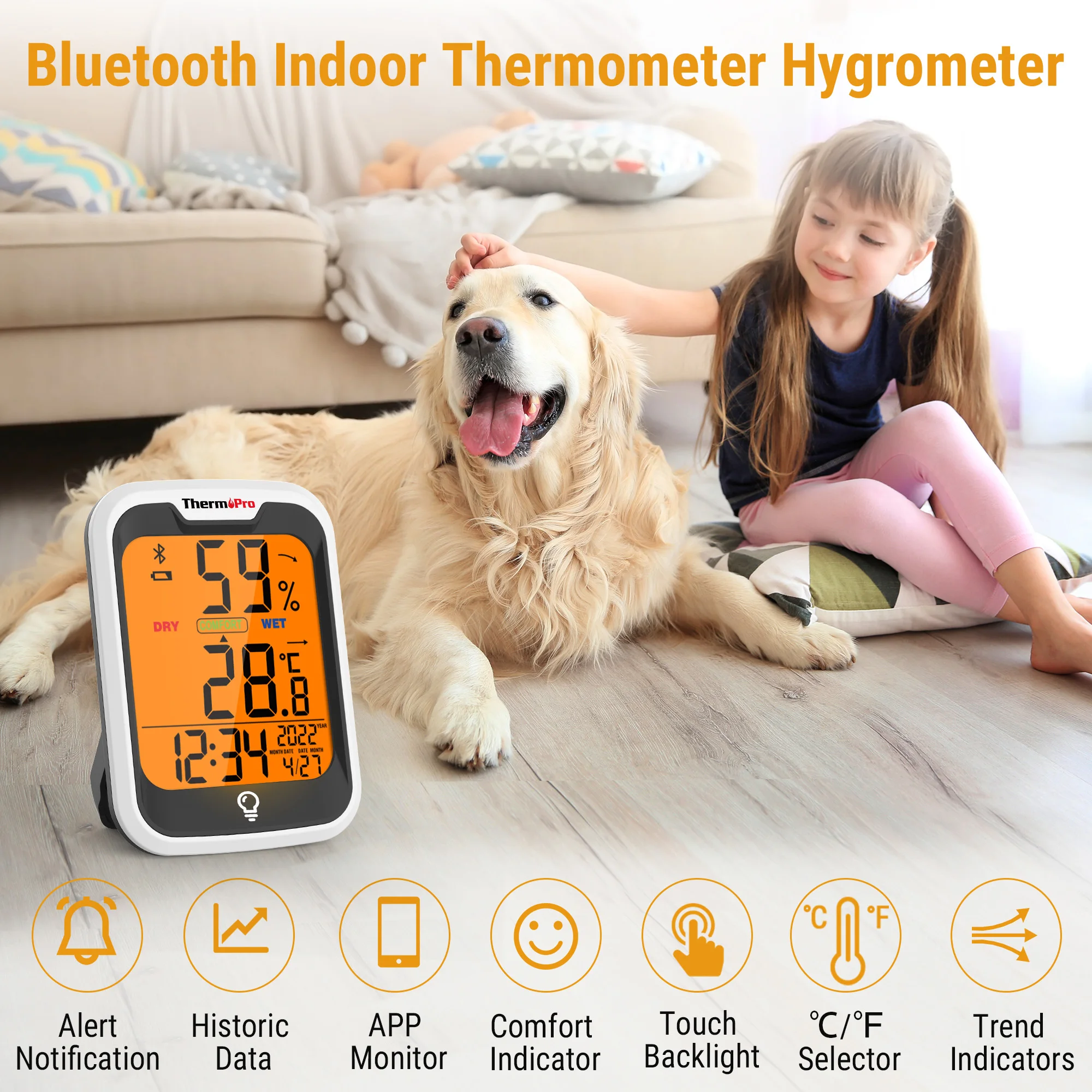 ThermoPro TP358 Backlight Bluetooth-contected APP Digit Weather Station Indoor Thermometer Hygrometer For Home With Clock & Day