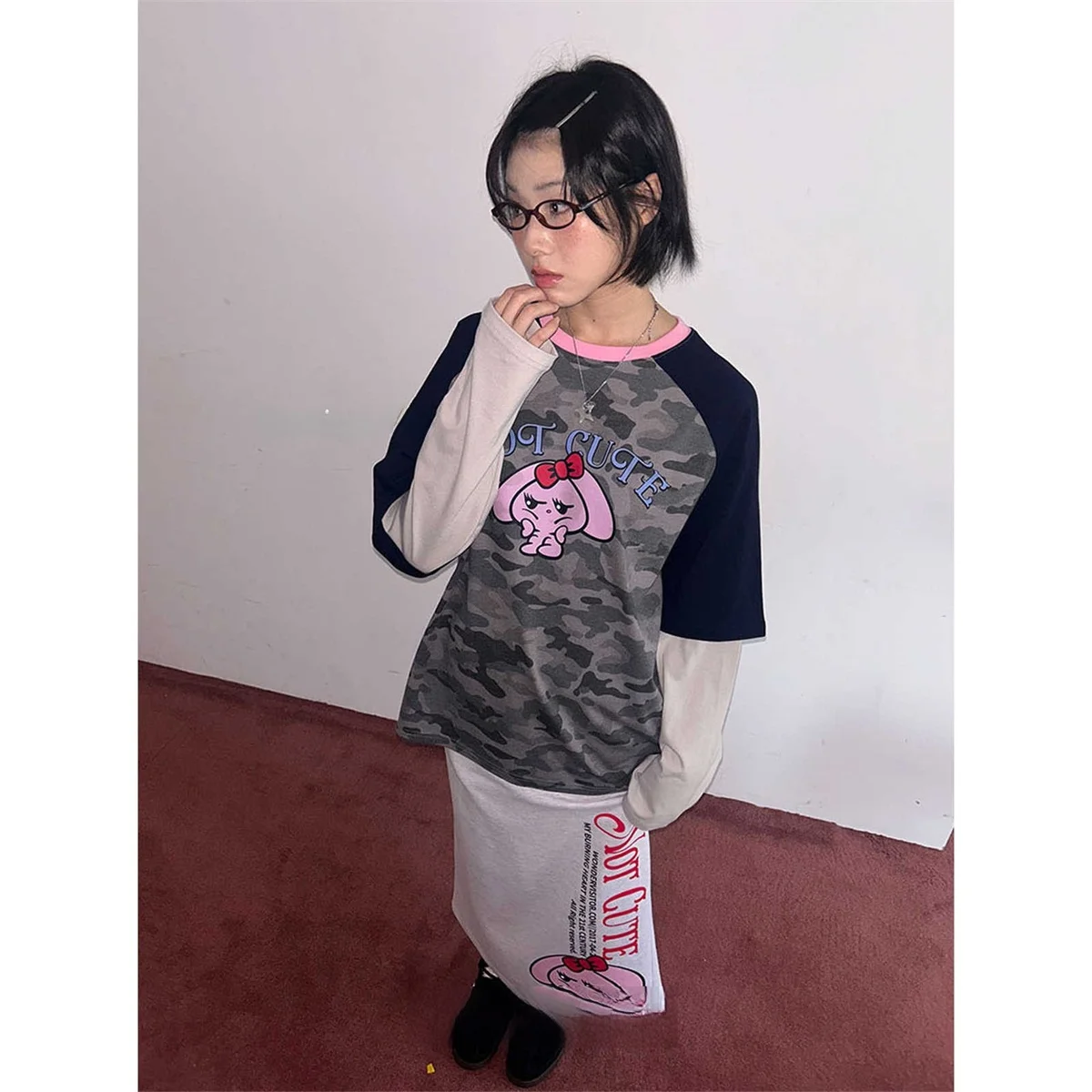 Street Sle Retro Rabbit Long Sve T-irt Casual High Waist Straight Leg Skirt Two Piece Suit Korean Loose Fit Youthful