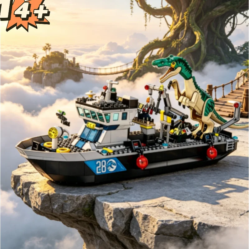Collector Edition Dinosaur World Baryonyx Dinosaur Boat Escape Building Blocks 308pcs Floating Water Toy Diy Assembly Desktop