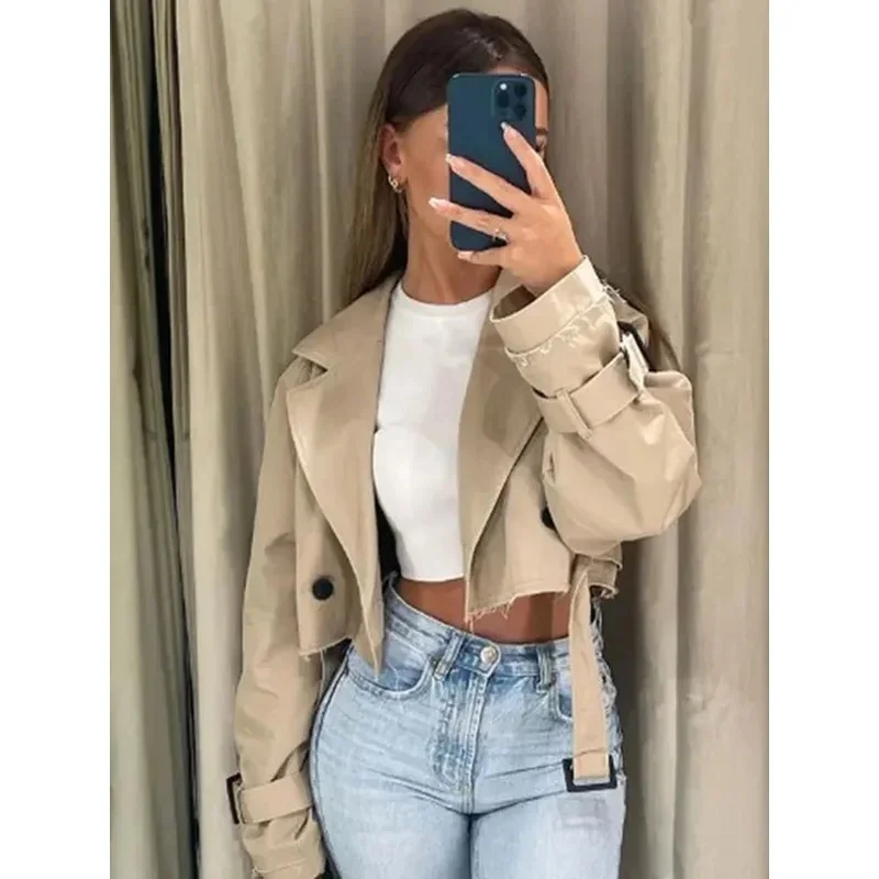 Vintage Streetwear 2024 Belt Cropped Trench Spring Jacket Women Double Breasted Long Sleeve Top Female Coat Outfits