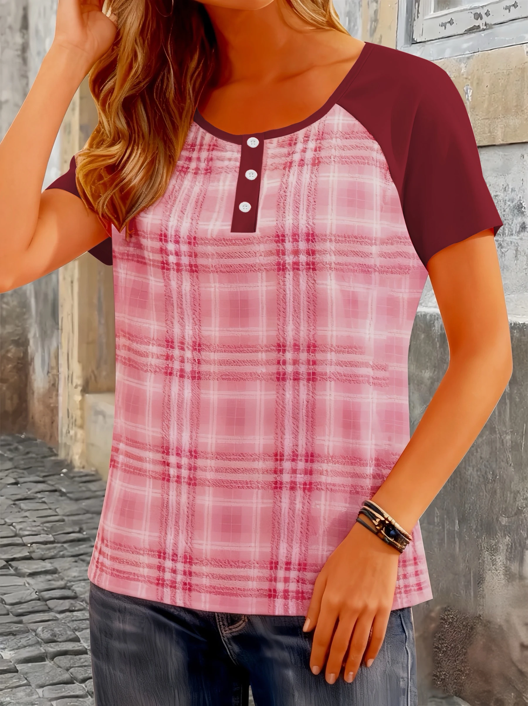 Damen-T-Shirt mit Karomuster in Übergröße, kurzärmlig mit Knopfdetail für Frühlings- und Sommermode