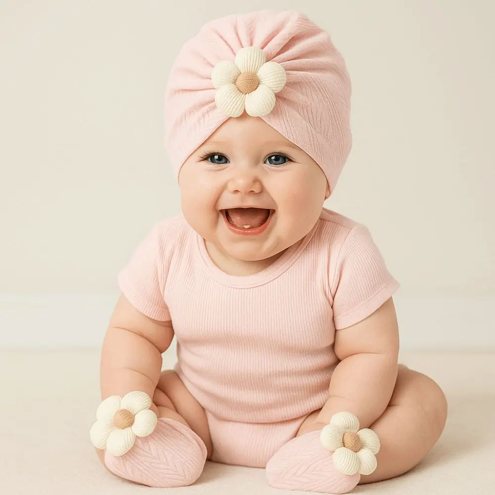 Bonito flor infantil turbante chapéu meias conjunto de algodão macio elástico lenço chapéu respirável leve chapéu meia conjunto recém-nascido suprimentos