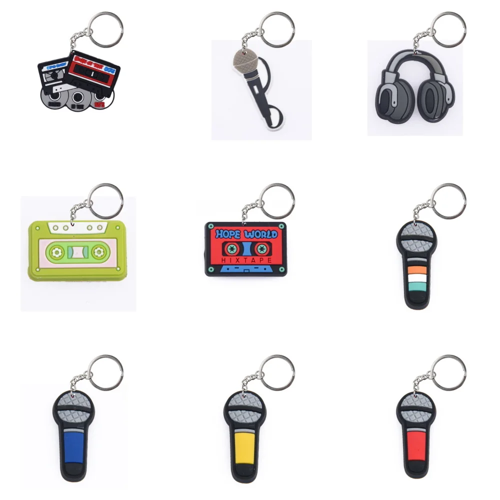 9pcs Red Green Tape Keychains Boys Girls Microphone Keyrings Kids Headset Key Chains Music Key Rings For Men Women Gifts