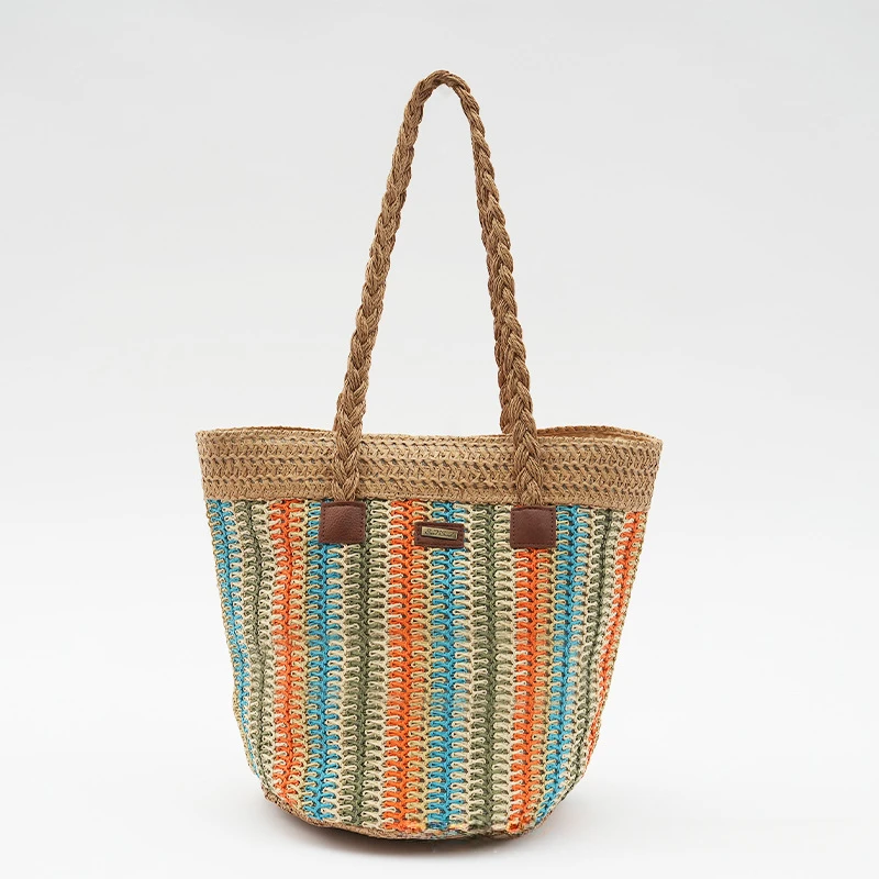 เชือกกระดาษกระเป๋าฟางทรงถังแบบมีขั้วต่อกระเป๋าฟางของผู้หญิงกระเป๋าอเนกประสงค์สำหรับการเดินทางกระเป๋าทองานแฮนด์เมด