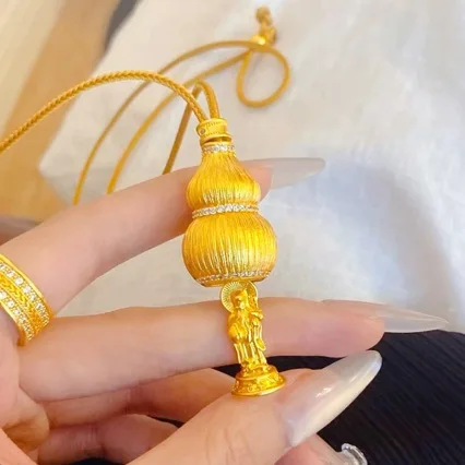 

Women's 24K Gold AU999 Filigree Gourd Maitreya Pendant with Zircon Inlay | Double-sided Qing Dynasty patterns, Hanfu elegance