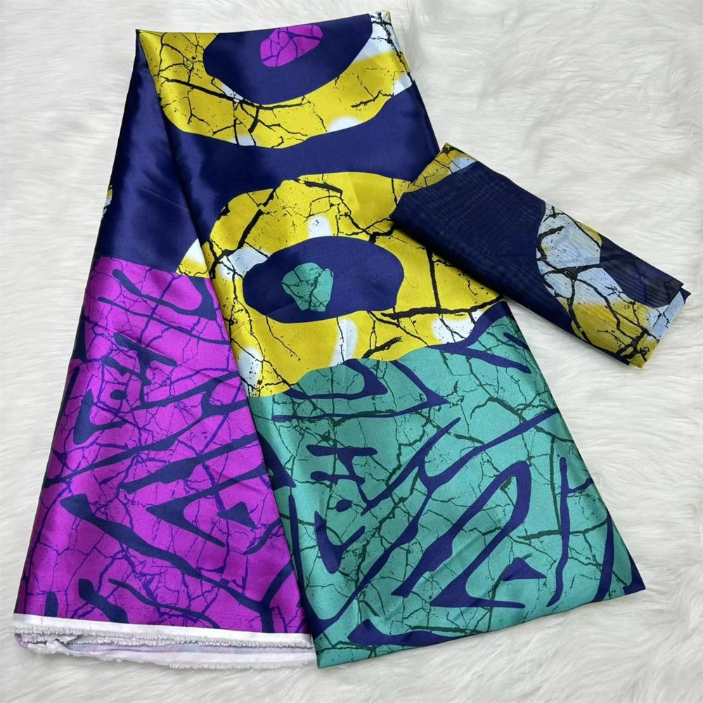 African Style Silk Wax Satin Cloth And Chiffon Blouse Printed Silk Cloth Nigerian Fabrics For Women Dress Material 4+2 Yards