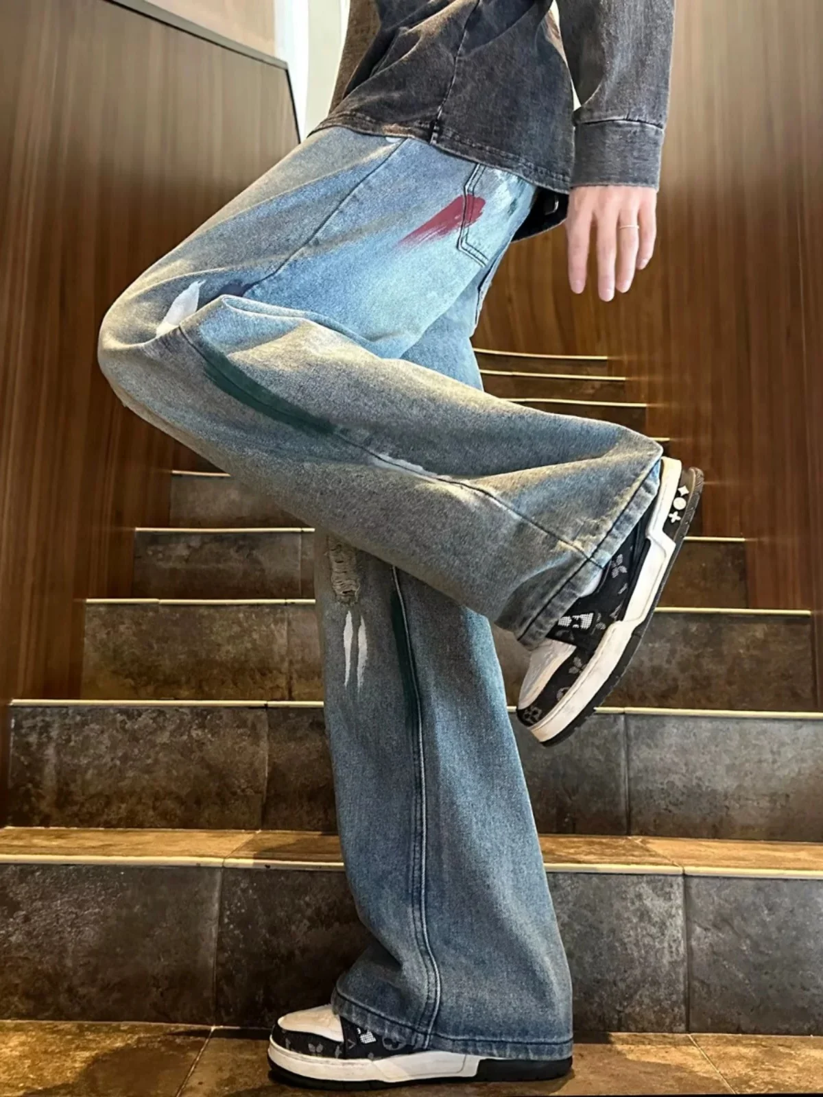 

Мужские джинсы Doodle с широкими штанинами, весенне-осенние, свободные, прямые, в стиле ретро, американские, молодежные, модные, антимикробные