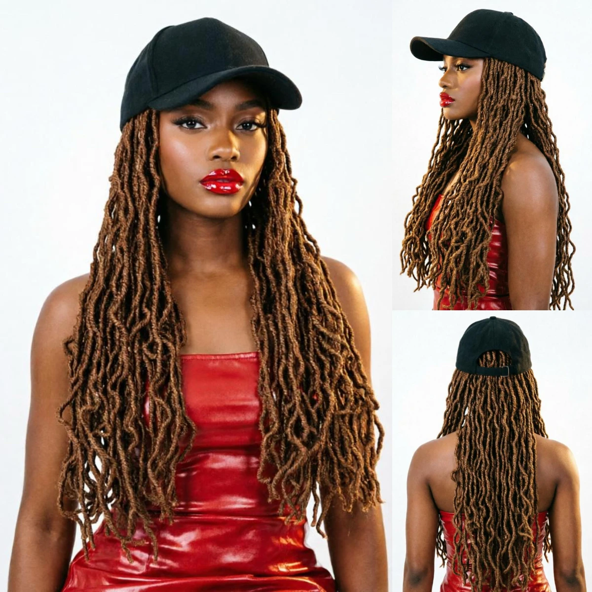 

Light Brown Faux Locs Baseball Cap Wig Synthetic Goddess Dreadlocks With Hat Quick Install Black Women-Wigera