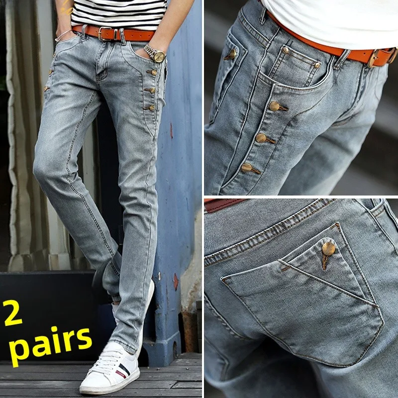 

Teenage Men's Jeans Spring Autumn Sle Slim Fit Student Faion Brand Hand Rubbed Snowflake Waed Bleach Water Dyed mid Wai...