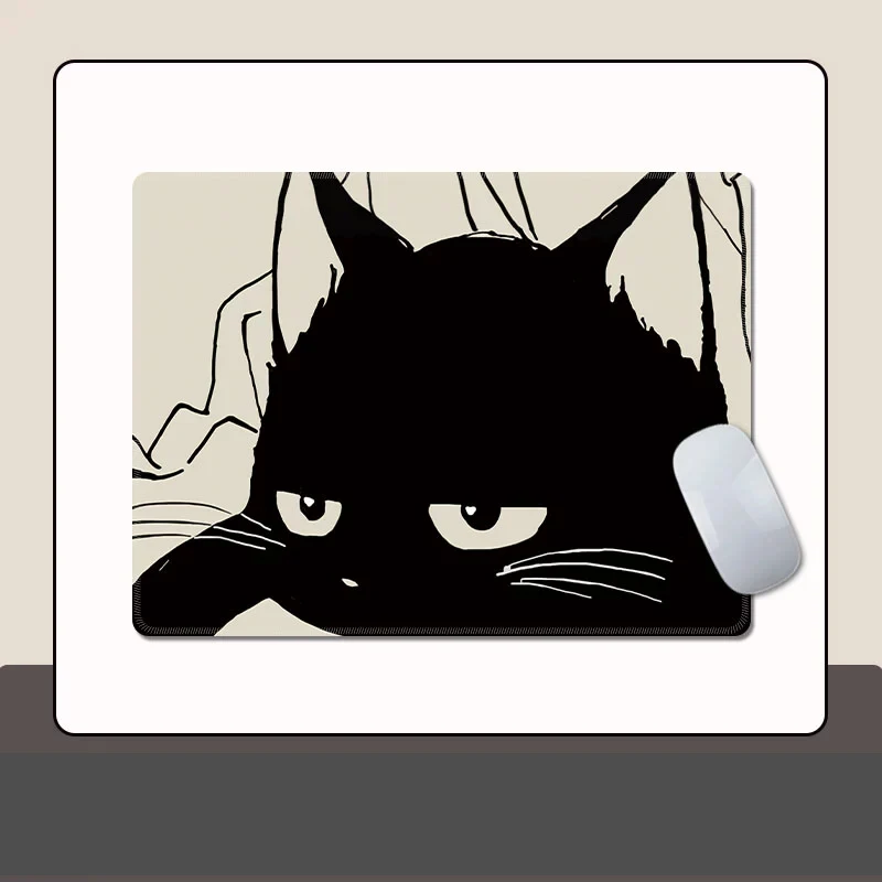 Small Cute Black Cat PU Leather Mouse Pad | Portable Stitched Desk Mat for Home Office, Minimalist Keyboard Companion